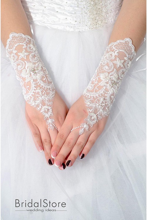 P07 короткі весільні рукавички з перлинами