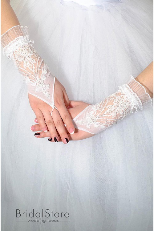 P08 короткі весільні рукавички з перлинами