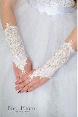 P14 весільні рукавички зі стразами та перлами